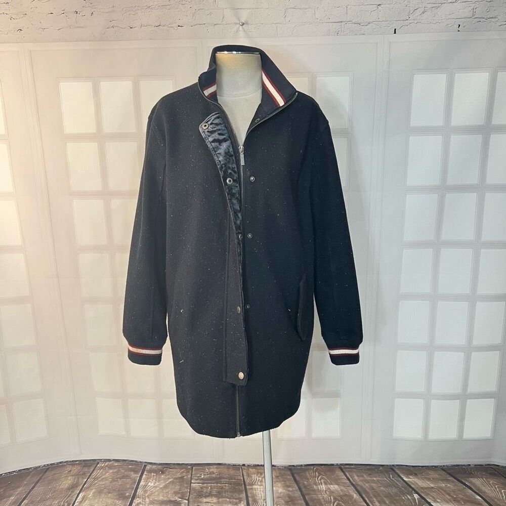 Collection B Navy Blue Speckled Velvet Trim Coat Size Large